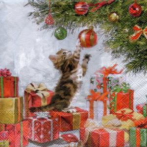 Котенок под елкой, 33х33 см, салфетка для декупажа - Заготовки для декупажа. Интернет-магазин Завиток